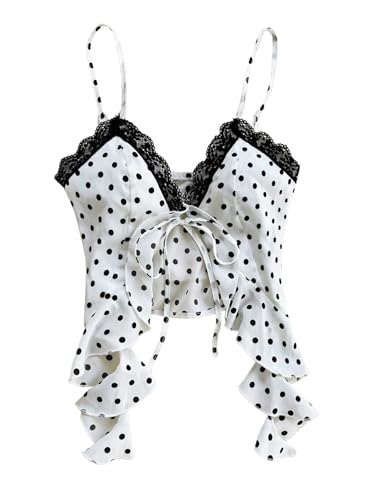 OYOANGLE Women's Polka Dots Contrast Lace V Neck Sleeveless Cami